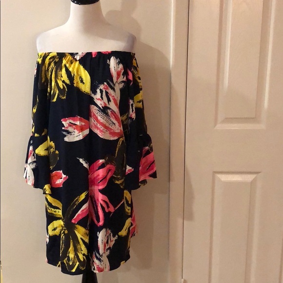 Navy Floral Off Shoulder Tunic Dress - Picture 4 of 6